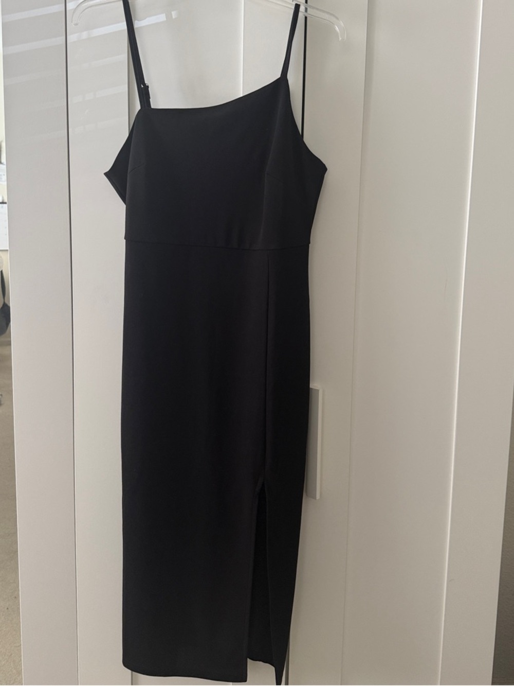 Elegant Black Spaghetti-Strap Midi Dress with Side Slit